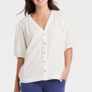 Knox Rose Women's Elbow Sleeve Gauze Button-Down Shirt Small